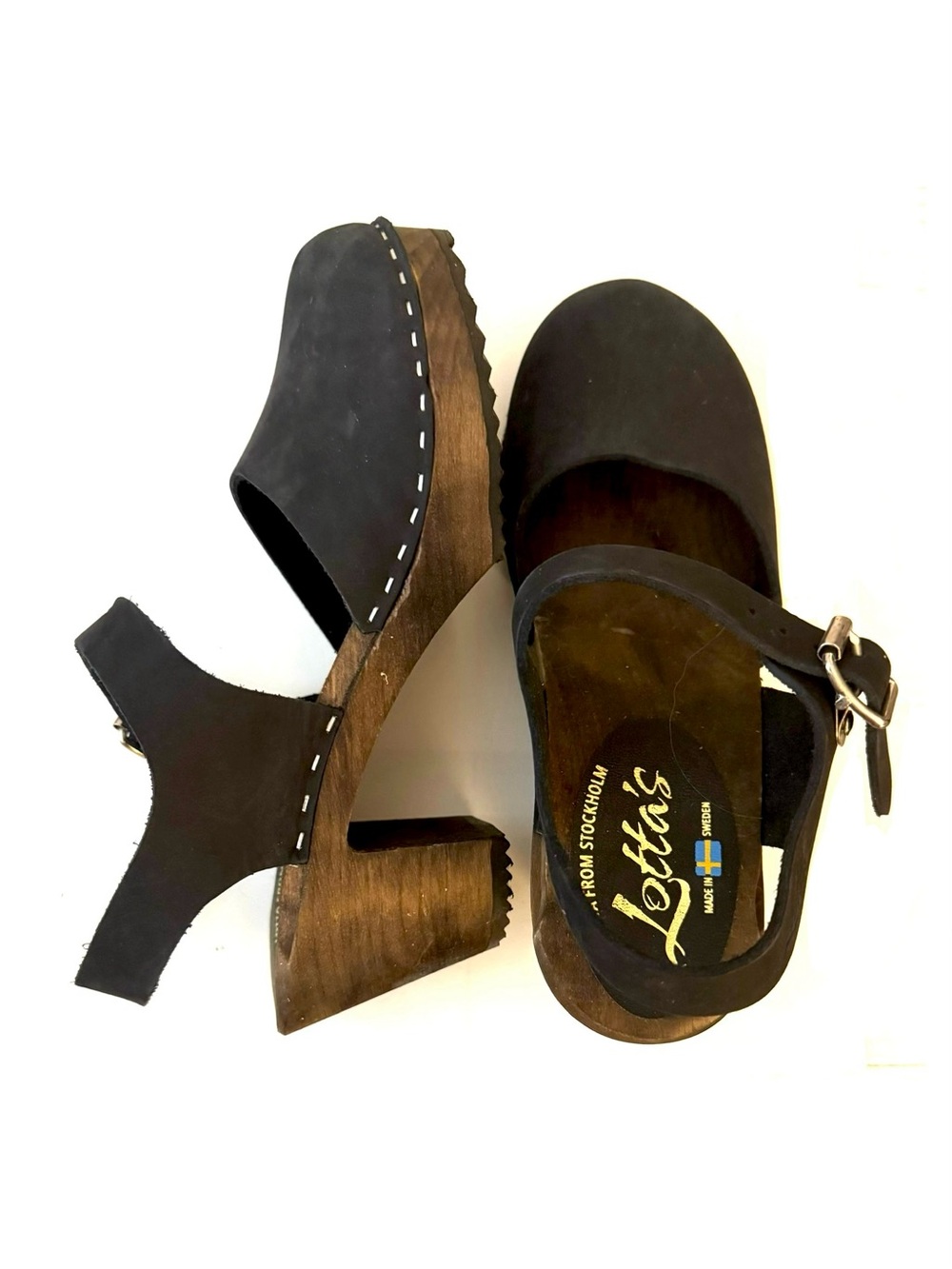 Lotta's Swedish Handmade Leather and Wood Mary Jane Style Clogs; Black